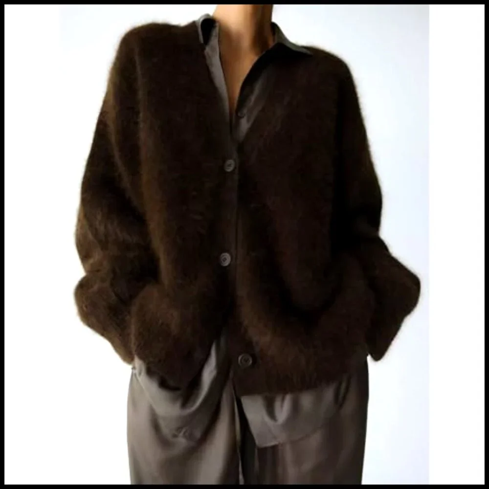 Women's Fuzzy V-Neck Cardigan Long Sleeve Button Down Slouchy Sweater_2
